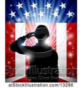 Vector Illustration of Silhouetted Full Length Male Military Veteran Saluting over an American Themed Flag and Bursts by AtStockIllustration