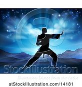 Vector Illustration of Silhouetted Guy in a Karate Pose Against a Sunrise by AtStockIllustration