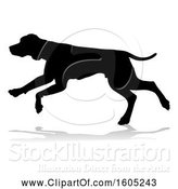 Vector Illustration of Silhouetted Hound Dog Running, with a Reflection or Shadow, on a White Background by AtStockIllustration