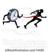 Vector Illustration of Silhouetted Lady Sprinting Through a Finish Line Before a Clock Character by AtStockIllustration