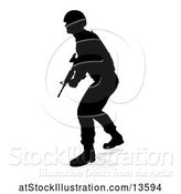 Vector Illustration of Silhouetted Male Armed Soldier, with a Reflection or Shadow, on a White Background by AtStockIllustration