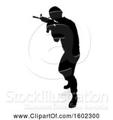 Vector Illustration of Silhouetted Male Armed Soldier, with a Reflection or Shadow, on a White Background by AtStockIllustration