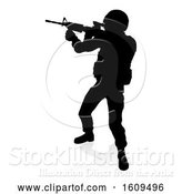 Vector Illustration of Silhouetted Male Armed Soldier, with a Reflection or Shadow, on a White Background by AtStockIllustration