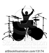 Vector Illustration of Silhouetted Male Drummer, with a Reflection or Shadow, on a White Background by AtStockIllustration