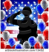 Vector Illustration of Silhouetted Male Military Veteran Saluting over an American Flag and Balloons by AtStockIllustration