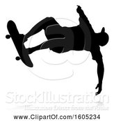 Vector Illustration of Silhouetted Male Skateboarder with a Reflection or Shadow, on a White Background by AtStockIllustration