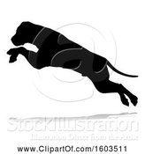 Vector Illustration of Silhouetted Mastiff Dog Jumping, with a Reflection or Shadow, on a White Background by AtStockIllustration