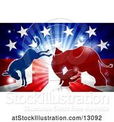 Vector Illustration of Silhouetted Political Democratic Donkey and Republican Elephant Fighting over an American Design and Burst by AtStockIllustration