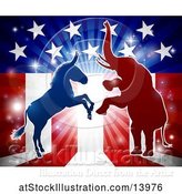 Vector Illustration of Silhouetted Rearing Political Democratic Donkey and Republican Elephant over an American Design and Burst by AtStockIllustration