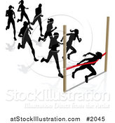 Vector Illustration of Silhouetted Runners, a Woman Breaking Through the Finish Line by AtStockIllustration