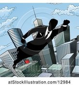 Vector Illustration of Silhouetted Super Businessman Flying Through a City by AtStockIllustration