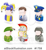 Vector Illustration of Six Avatar People; Jester, Businessman, Police Officer, Robin Hood, Roman Soldier, and a Modern Soldier by AtStockIllustration