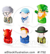 Vector Illustration of Six Avatar People; Scientist, Baseball Player, Leprechaun, Devil, Teenage Boy, and a Sheriff by AtStockIllustration