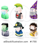 Vector Illustration of Six Avatar People; Surgeon, Punk, Wizard, Frankenstein, Firefighter, and a Caveman by AtStockIllustration