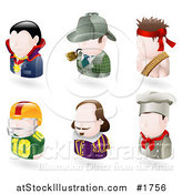 Vector Illustration of Six Avatar People; Vampire, Sherlock Holmes, Rambo, American Football Player, Shakespear, and a Chef by AtStockIllustration