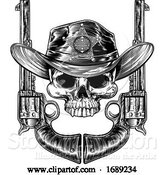 Vector Illustration of Skull in Cowboy Hat with Sheriff Star and Pistols by AtStockIllustration