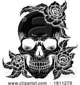 Vector Illustration of Skull Roses Engraved Woodcut Etching Tattoo Design by AtStockIllustration
