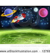 Vector Illustration of Space Rocket Travel near Planets and Stars by AtStockIllustration