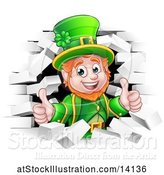 Vector Illustration of St Patricks Day Leprechaun Giving Two Thumbs up and Breaking Through White Brick Wall by AtStockIllustration