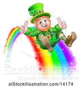 Vector Illustration of St Patricks Day Leprechaun Giving Two Thumbs up and Sliding down a Rainbow by AtStockIllustration