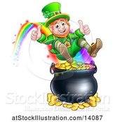 Vector Illustration of St Patricks Day Leprechaun Giving Two Thumbs Up, Riding a Rainbow to the Top of a Pot of Gold by AtStockIllustration