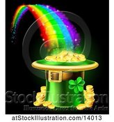 Vector Illustration of St Patricks Day Leprechaun Hat Full of Gold Coins at the End of a Rainbow, on Black by AtStockIllustration