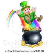 Vector Illustration of St Patricks Day Leprechaun Riding a Rainbow to the Top of a Pot of Gold by AtStockIllustration