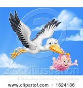 Vector Illustration of Stork Pregnancy Myth Bird with Baby Girl by AtStockIllustration
