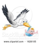 Vector Illustration of Stork Pregnancy Myth Bird with New Baby by AtStockIllustration