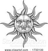 Vector Illustration of Sun Face Woodcut Drawing Retro Vintage Engraving by AtStockIllustration