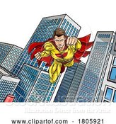 Vector Illustration of Super Hero Flying City Comic Book Superhero Pose by AtStockIllustration