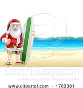 Vector Illustration of Surfer Santa Christmas Character on Beach by AtStockIllustration