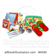 Vector Illustration of Swim Trunks, Sandals, Sunglasses, Passports, Books and Other Vacation Items by AtStockIllustration