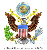 Vector Illustration of the Great Seal of the United States Bald Eagle with an American Flag Shield, Holding an Olive Branch and Arrows, with E Pluribus Unum Scroll and Stars by AtStockIllustration