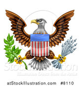Vector Illustration of the Great Seal of the United States Bald Eagle with an American Flag Shield, Holding an Olive Branch and Silver Arrows by AtStockIllustration