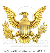 Vector Illustration of the Great Seal of the United States Golden Bald Eagle with an American Flag Shield, Holding an Olive Branch and Arrows by AtStockIllustration