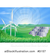 Vector Illustration of the Sun Shining over a Valley with Solar Panels and Wind Energy Turbines by AtStockIllustration