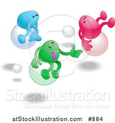 Vector Illustration of Three Bean Characters, One Blue, Green and Pink, Racing Eachother While Bouncing on Balls Clipart Illustration by AtStockIllustration