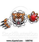 Vector Illustration of Tiger Holding Cricket Ball Breaking Background by AtStockIllustration
