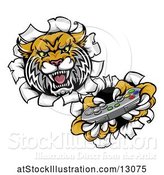Vector Illustration of Tiger Mascot Playing a Video Game and Breaking Through a Wall by AtStockIllustration