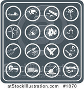 Vector Illustration of Tool Icons Including a Ship, Paint Roller, Saw, Oil, Turbines, Paintbrush, Cogs, Handyman, Pliers, Brick Laying, Gardening, Hammering, Trucking, and Hand Tools by AtStockIllustration