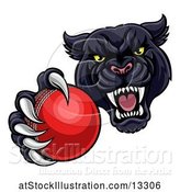 Vector Illustration of Tough Black Panther Monster Mascot Holding out a Cricket Ball in One Clawed Paw by AtStockIllustration