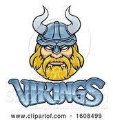 Vector Illustration of Tough Blond Male Warrior Face Wearing a Horned Helmet over Vikings Text by AtStockIllustration