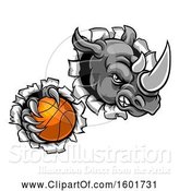 Vector Illustration of Tough Rhino Monster Mascot Holding a Basketball in One Clawed Paw and Breaking Through a Wall by AtStockIllustration