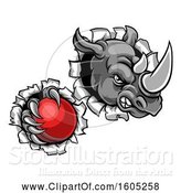 Vector Illustration of Tough Rhino Monster Mascot Holding a Cricket Ball in One Clawed Paw and Breaking Through a Wall by AtStockIllustration