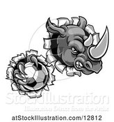 Vector Illustration of Tough Rhino Monster Mascot Holding a Soccer Ball in One Clawed Paw and Breaking Through a Wall by AtStockIllustration