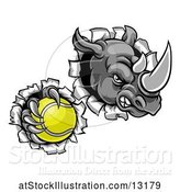 Vector Illustration of Tough Rhino Monster Mascot Holding a Tennis Ball in One Clawed Paw and Breaking Through a Wall by AtStockIllustration