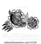 Vector Illustration of Tough Rhino Monster Mascot Holding a Video Game Controller and Breaking Through a Wall by AtStockIllustration
