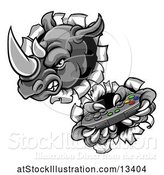 Vector Illustration of Tough Rhino Monster Mascot Holding a Video Game Controller and Breaking Through a Wall by AtStockIllustration
