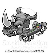 Vector Illustration of Tough Rhino Monster Mascot Holding a Video Game Controller by AtStockIllustration